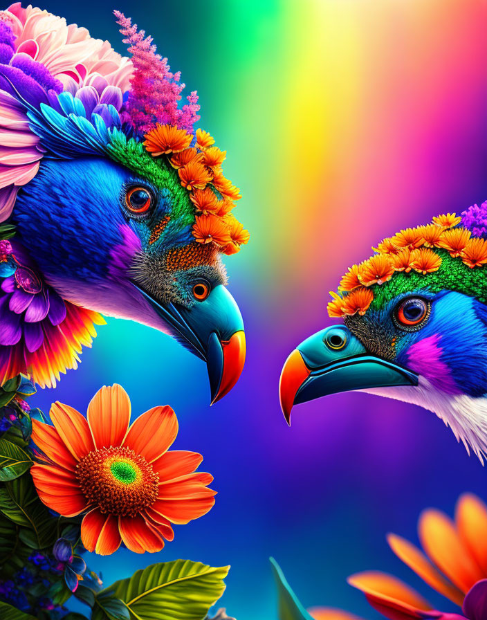 Colorful Parrots with Floral Decorations on Rainbow Background