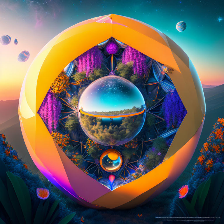 Surreal landscape with geometric shapes and floating planets