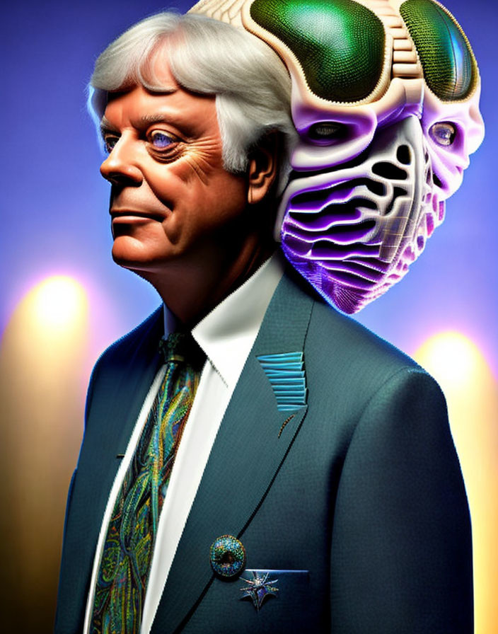 Detailed Digital Illustration: Man in Suit with Exploded Head Diagram