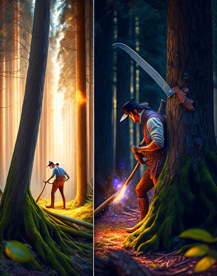 Split image: Lumberjack sawing tree vs. fantasy scene with magical staff