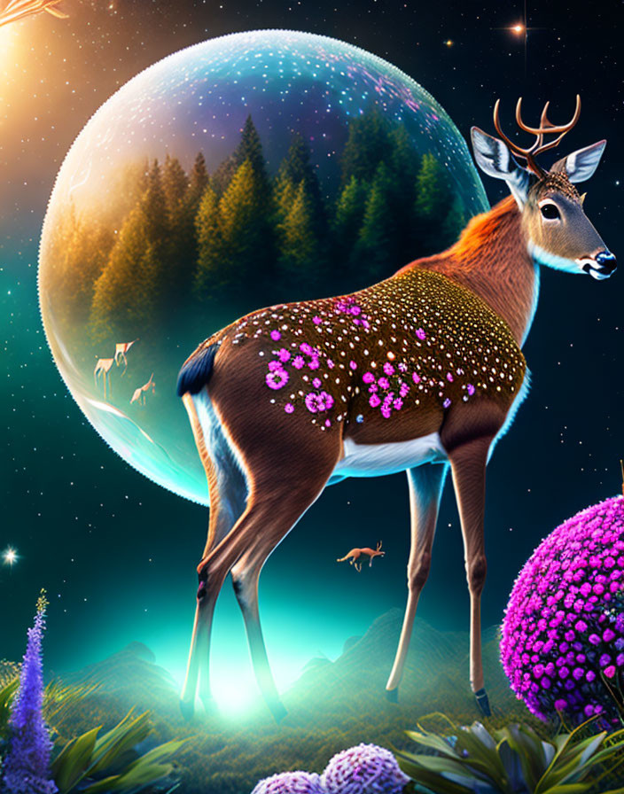 Surreal deer blending into forest landscape with cosmic backdrop