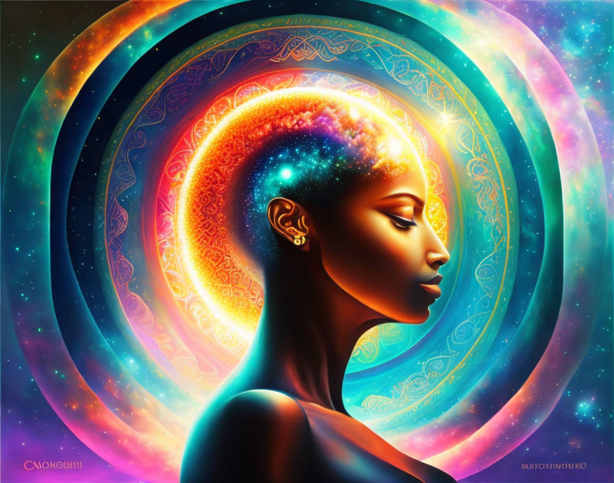 Vibrant digital art: Woman's profile with cosmic hair and swirling galaxy backdrop