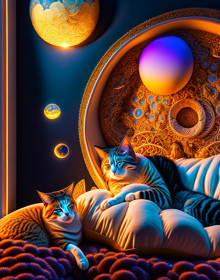 Two Cats Relaxing in Surreal Room with Orbs and Circular Designs