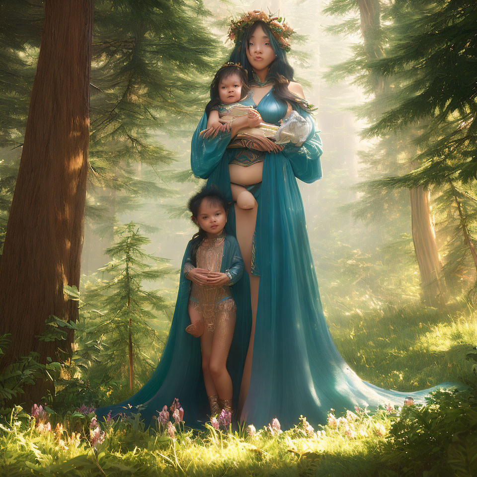 Woman in teal dress with baby and child in sunlit forest