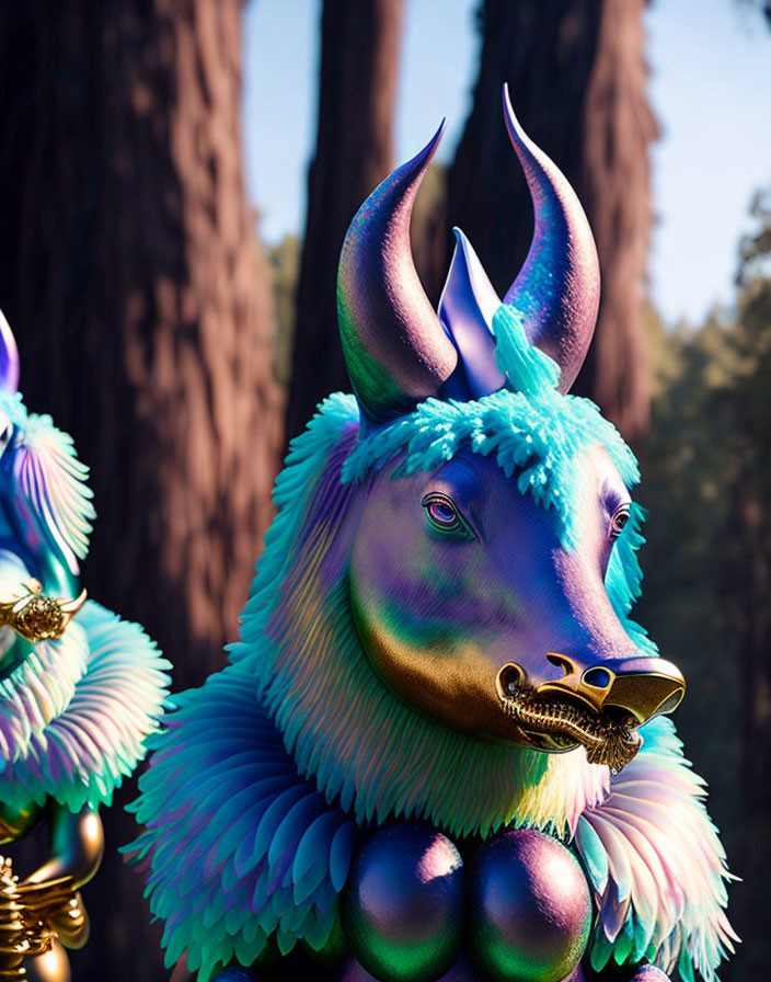 Colorful Unicorn-Like Creature with Blue and Purple Plumage in Forest