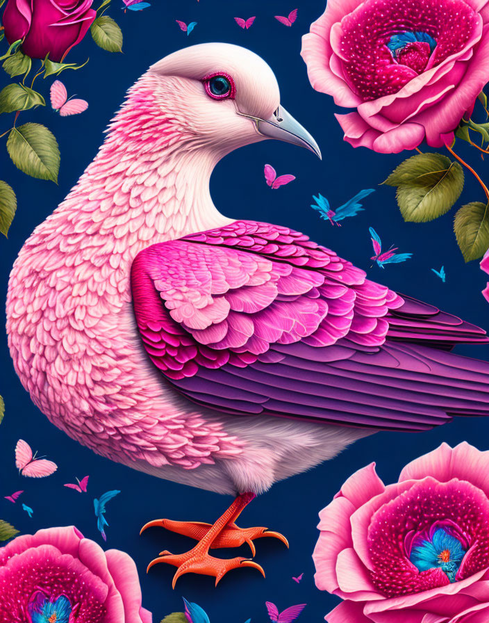 Colorful digital artwork featuring a pink-feathered bird among roses and butterflies