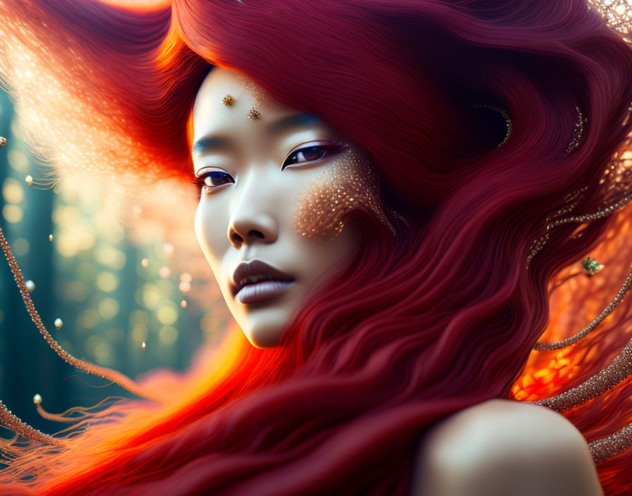 Mystical portrait of woman with red hair and gold stars on bokeh background