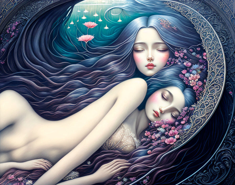 Ethereal women with flowing hair and floral adornments against crescent moon and stars