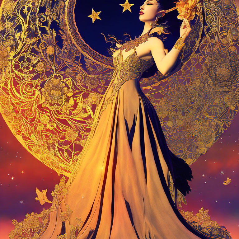 Woman in golden gown with crescent moon and stars, holding glowing flower