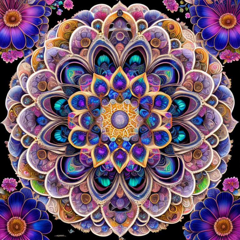 Symmetrical fractal image with intricate floral and geometric patterns