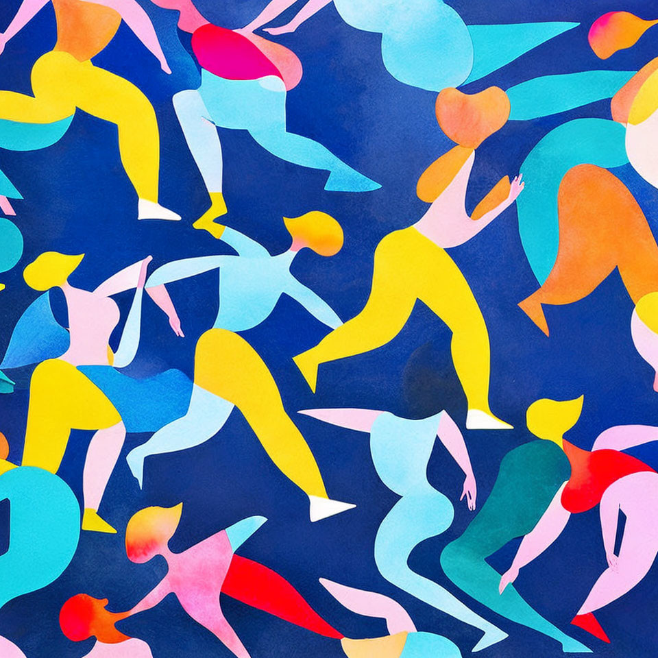 Colorful Abstract Human Figures in Dynamic Poses on Blue Background