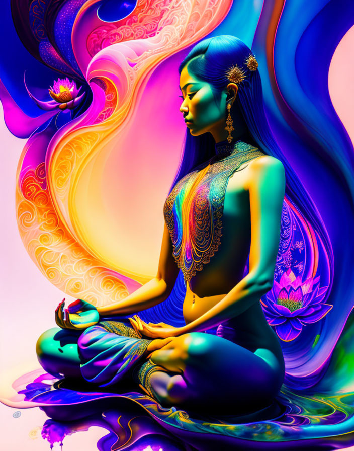 Colorful artwork of woman meditating with swirling patterns and lotus flowers.