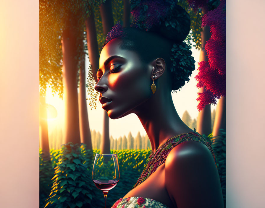 Woman with floral hairstyle holding wine glass in serene forest at sunset