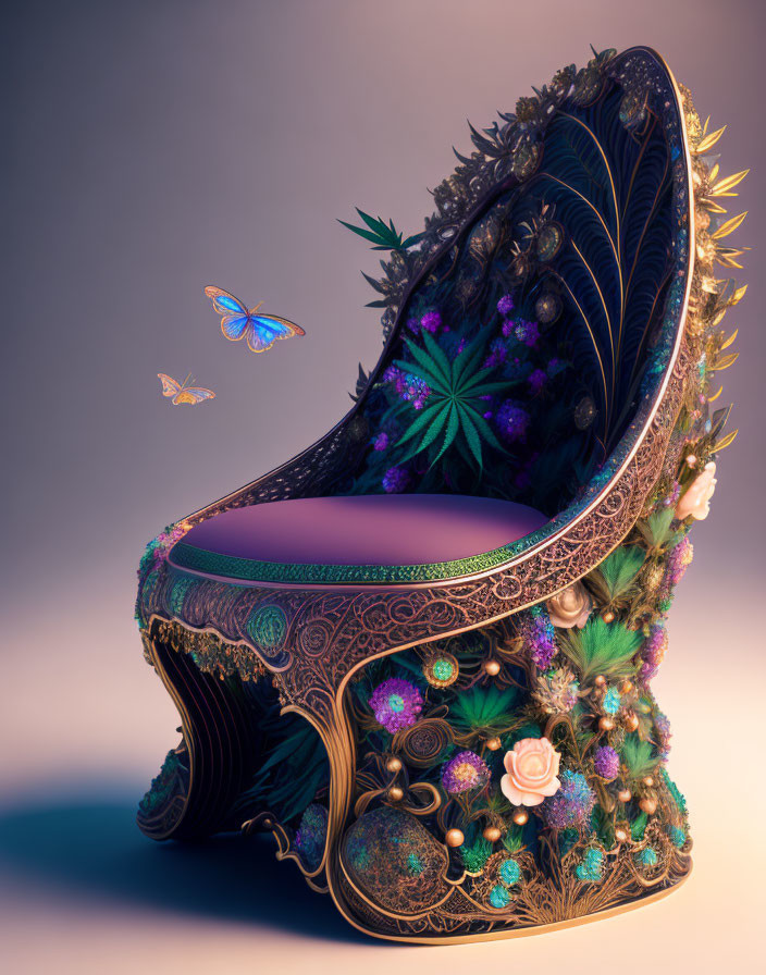 Fantasy-style ornate chair with floral motifs and butterfly on soft-toned backdrop