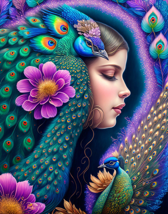 Colorful digital artwork: Woman's profile merges with peacock in rich blues, purples,