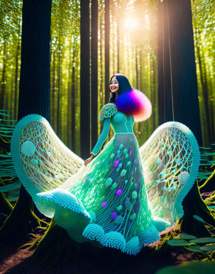 Woman in Vibrant Peacock-Inspired Dress Poses in Sunlit Forest