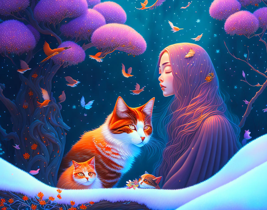 Woman with long hair, cats, and surreal tree in purple and blue glow