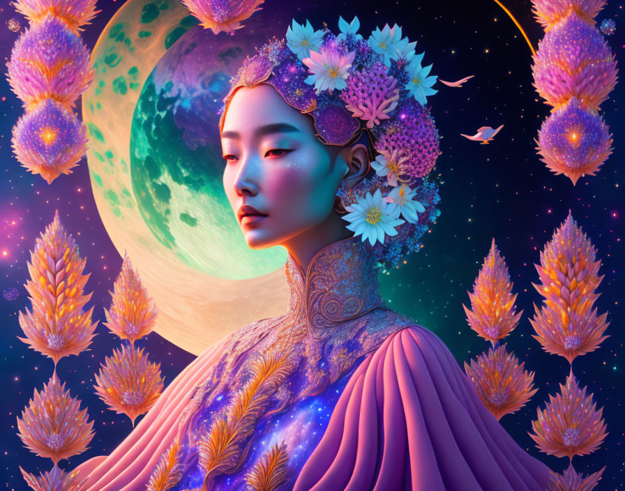 Surreal portrait of woman with flowers in hair against cosmic backdrop