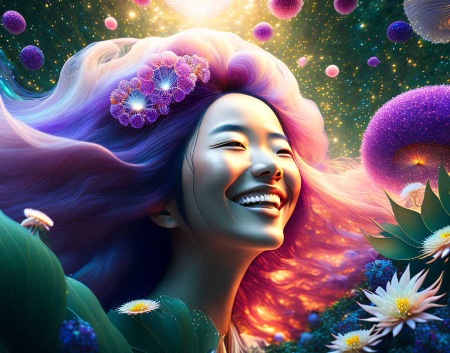 Colorful woman with flowers in hair in vibrant cosmic setting