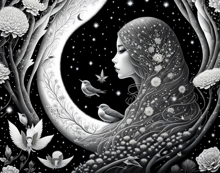 Monochrome illustration of woman with floral patterns, crescent moon, stars, birds, and flowers