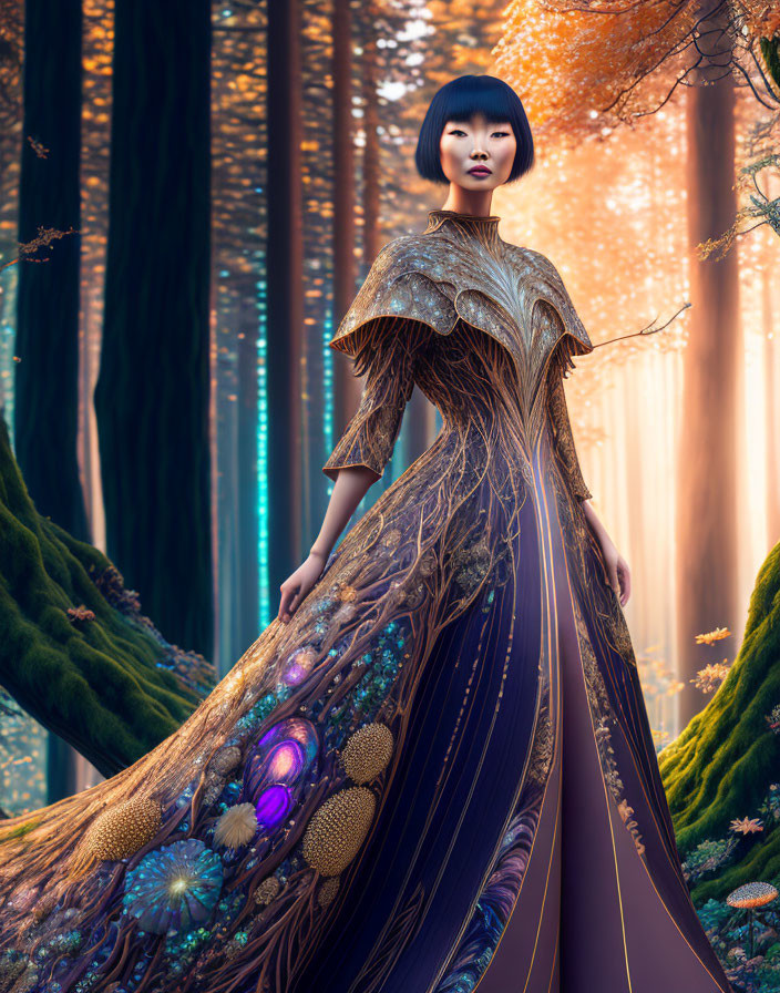 Woman with Bob Haircut in Peacock Feather Gown in Enchanted Forest