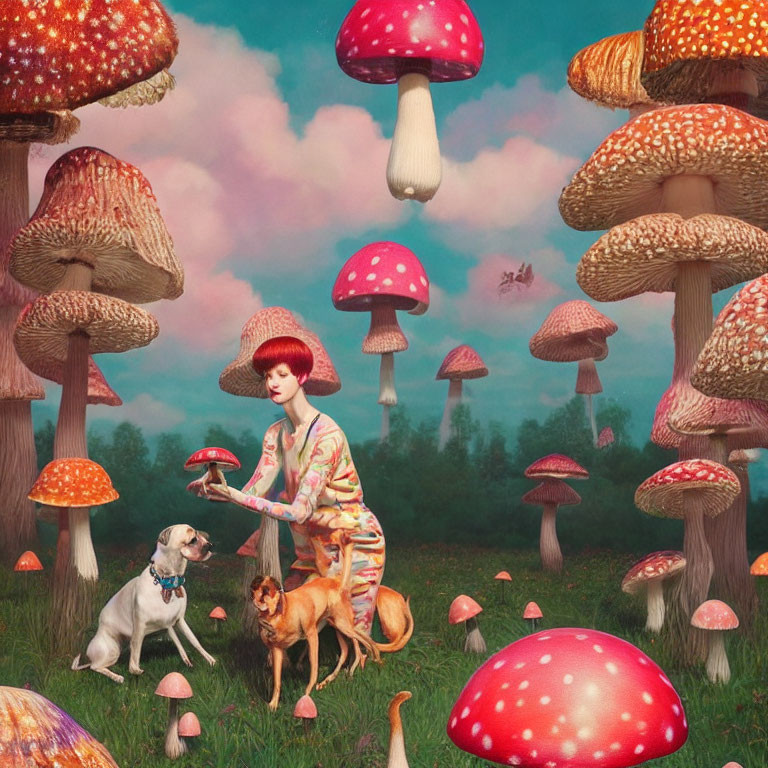 Person in Mushroom Cap Hat Holding Tiny Mushroom with Dogs in Surreal Mushroom Forest