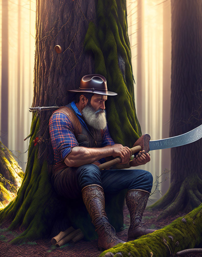 Bearded lumberjack sharpening axe in sunlit forest