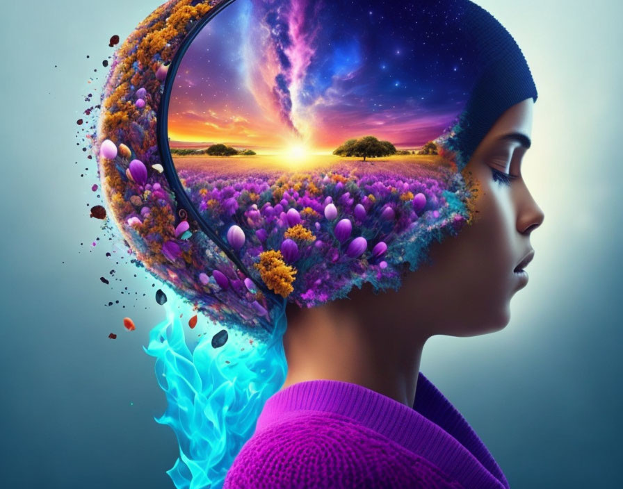 Surreal landscape flowing from woman's head against blue background