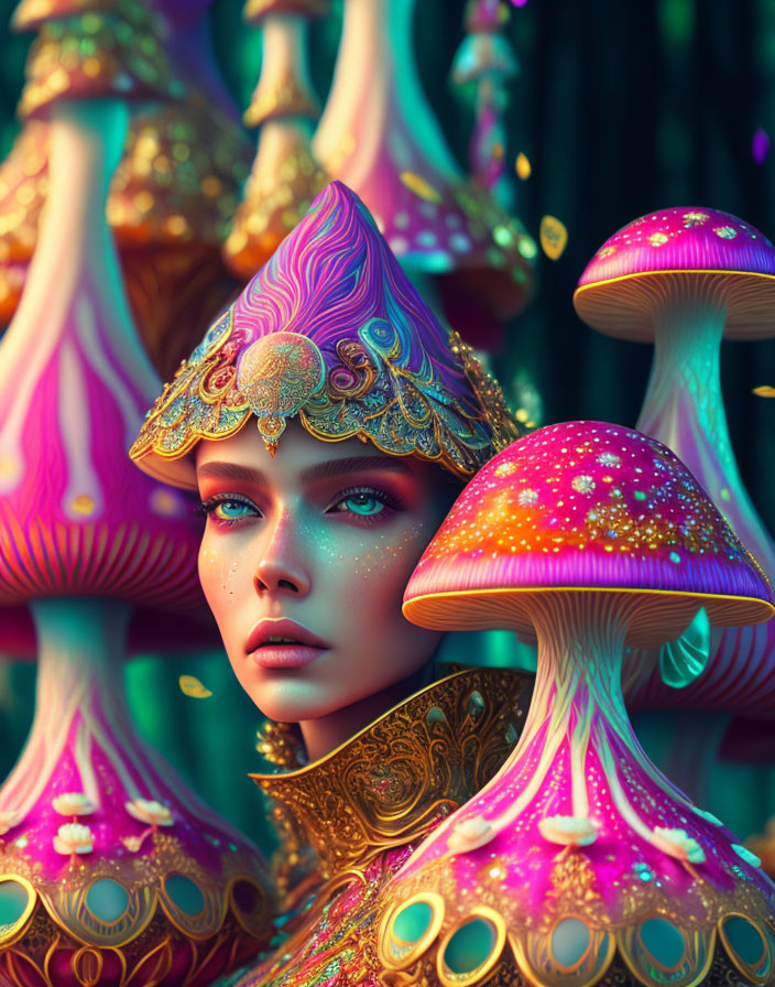 Vibrant portrait with ornate mushroom headgear against colorful fungi