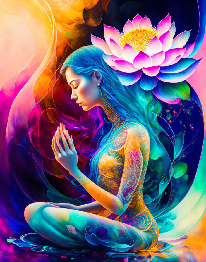 Woman in meditation with ornate tattoos and glowing lotus flower against vibrant backdrop