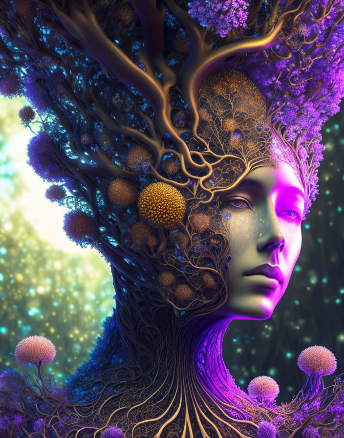 Surreal portrait of woman's face merging with tree in purple and gold hues