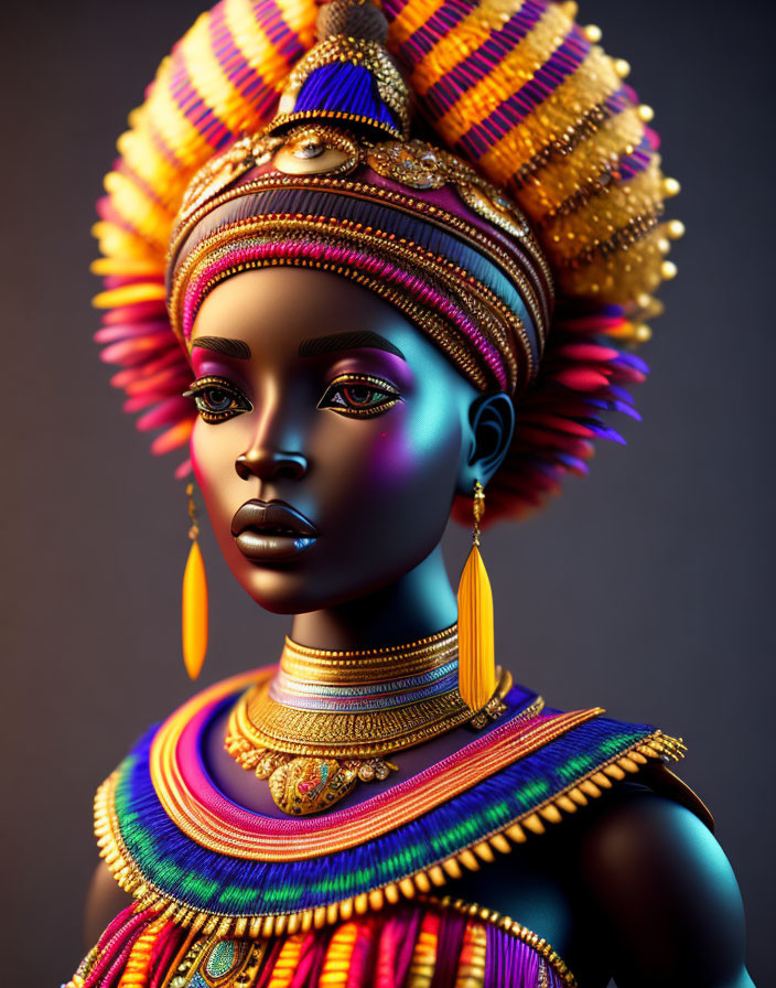 African Woman 3D Rendering with Traditional Jewelry and Makeup