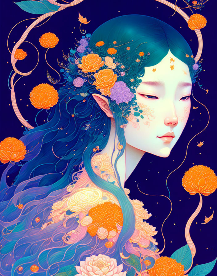 Illustration of mystical figure with blue hair and floral adornments