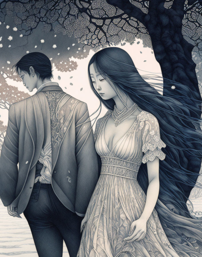 Monochromatic illustration of man and woman under cherry blossom tree