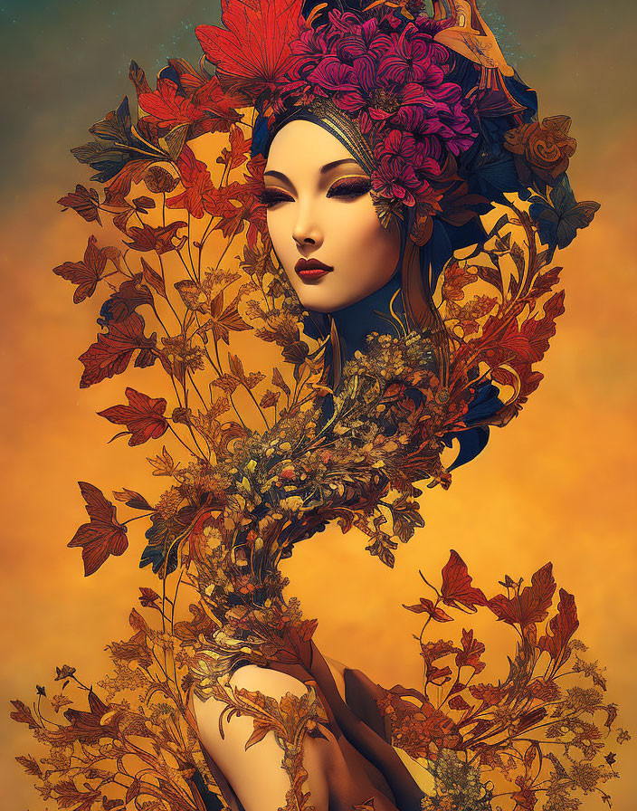 Woman with Vibrant Autumn Leaf Headdress and Garment on Warm Background