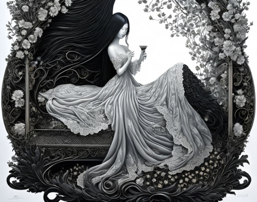 Monochromatic artwork featuring woman in elegant dress with goblet and intricate floral patterns