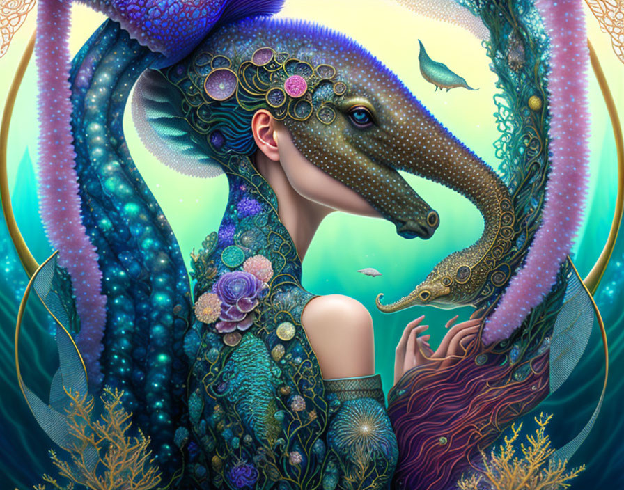 Colorful surreal illustration of person with seahorse-like profile and marine elements