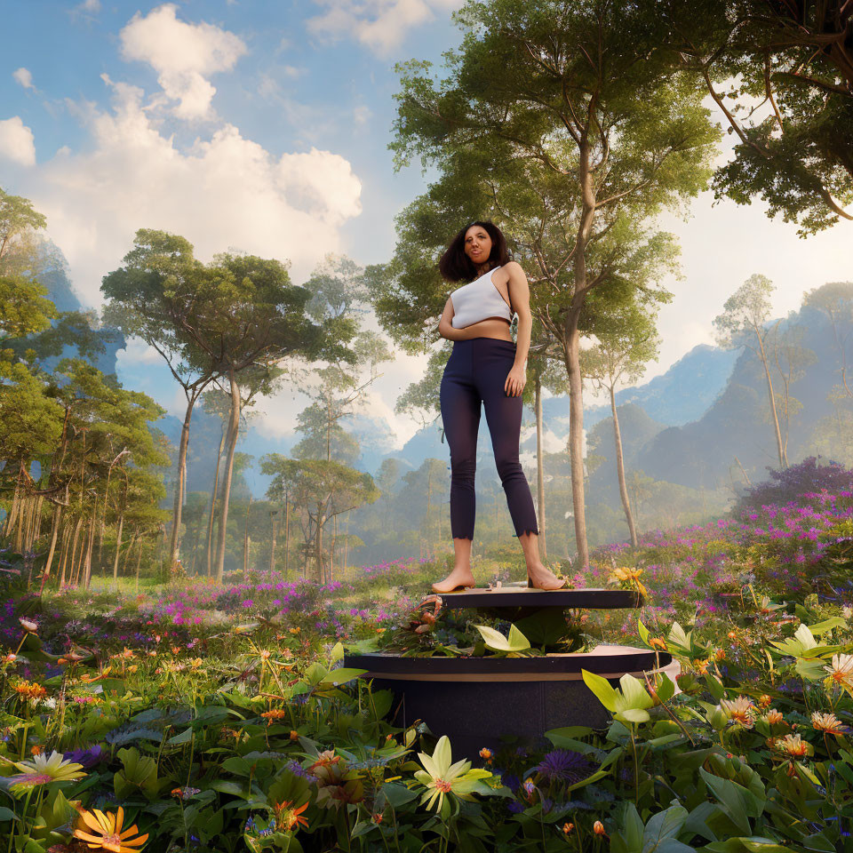 Woman standing in vibrant flower field amidst lush forest at sunset