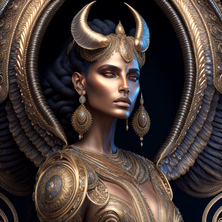 Intricate digital art of a woman in gold armor and headdress with ram horns and jewelry on