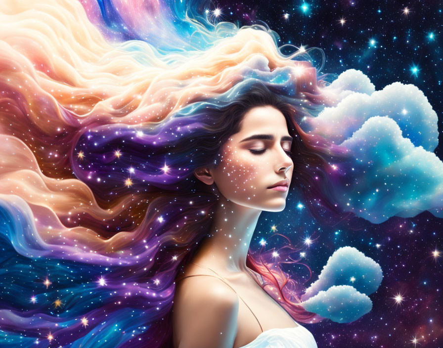 Colorful flowing hair resembling a galaxy on a woman against a starry space backdrop