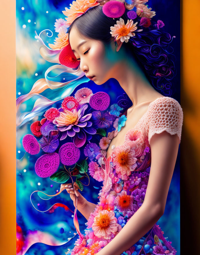 Colorful Flowers Portrait of Woman with Bouquet on Vibrant Blue Background