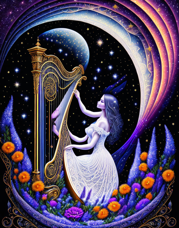 Illustration: Woman playing harp with cosmic swirls and stars on starry night backdrop