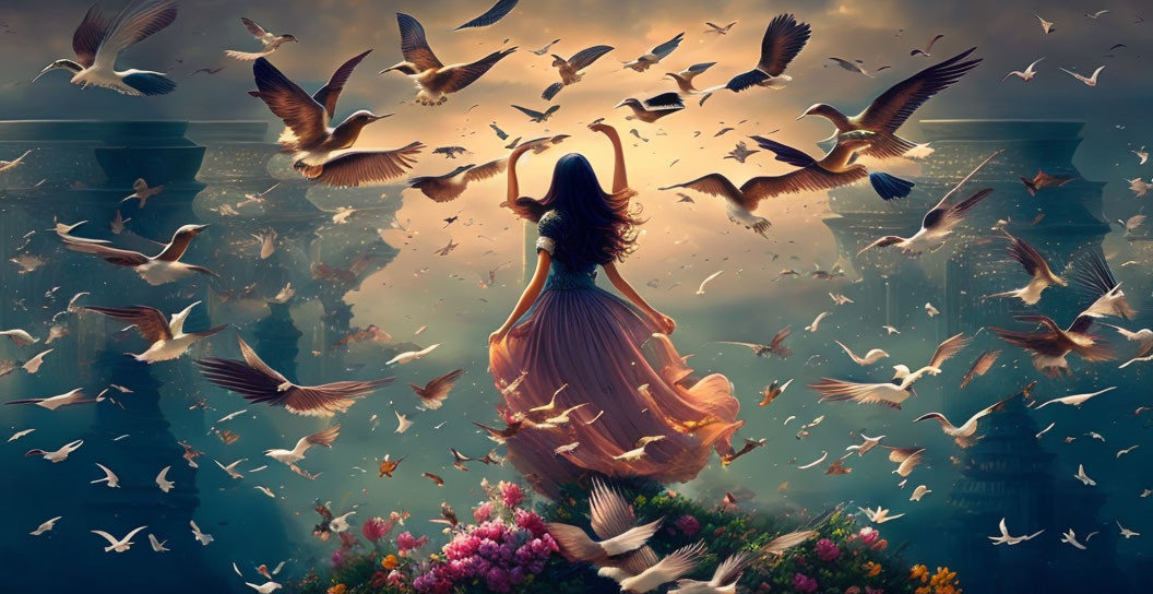 Woman in flowing dress surrounded by birds in surreal landscape with vibrant flowers