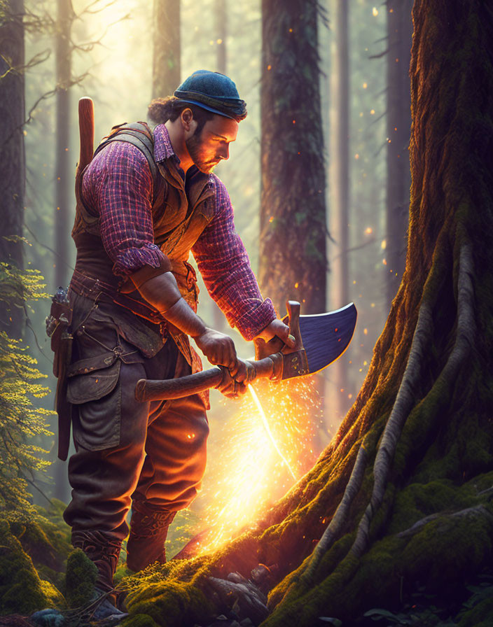 Bearded man sharpening axe in mystical forest with sparks and ethereal lights