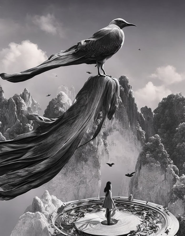 Monochrome surreal artwork of giant bird on cliff with flowing cape