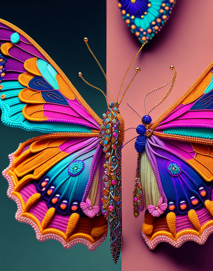 Colorful Digital Image: Two Butterflies with Jewel-Like Wing Patterns