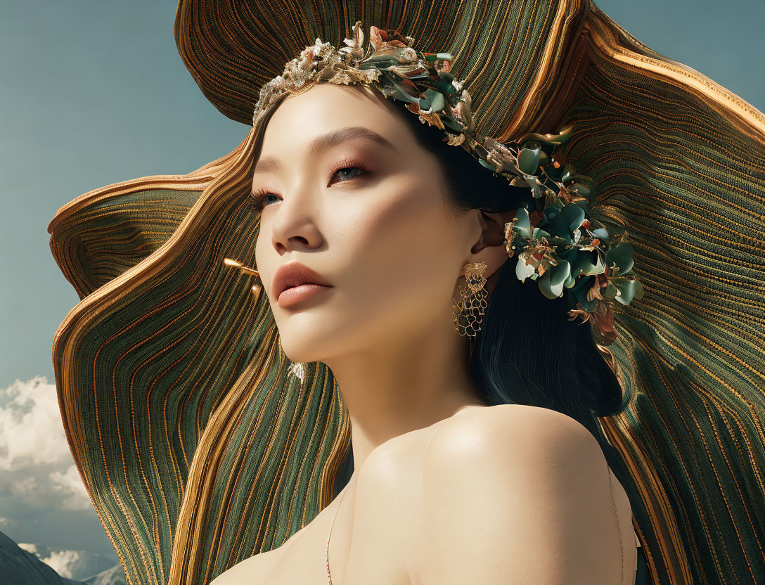 Woman with artistic hat and striking makeup under cloudy blue sky