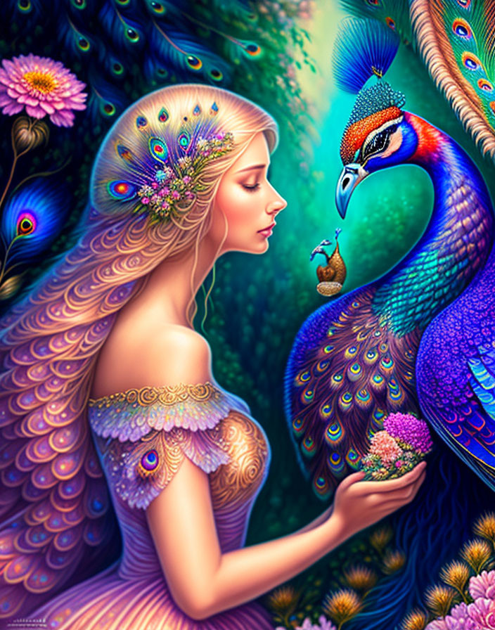 Colorful woman with peacock features and real peacock in floral setting