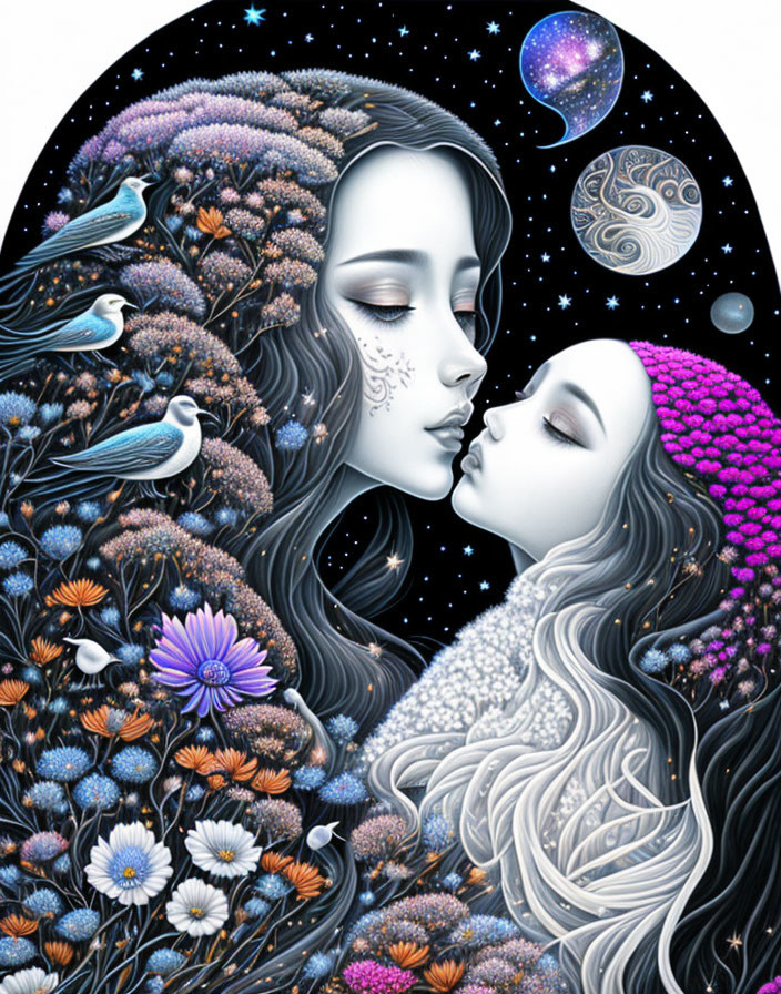 Illustration of Two Women Embraced with Flowers, Birds, and Planets