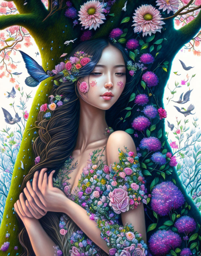 Illustration of woman with floral elements and birds merging with tree